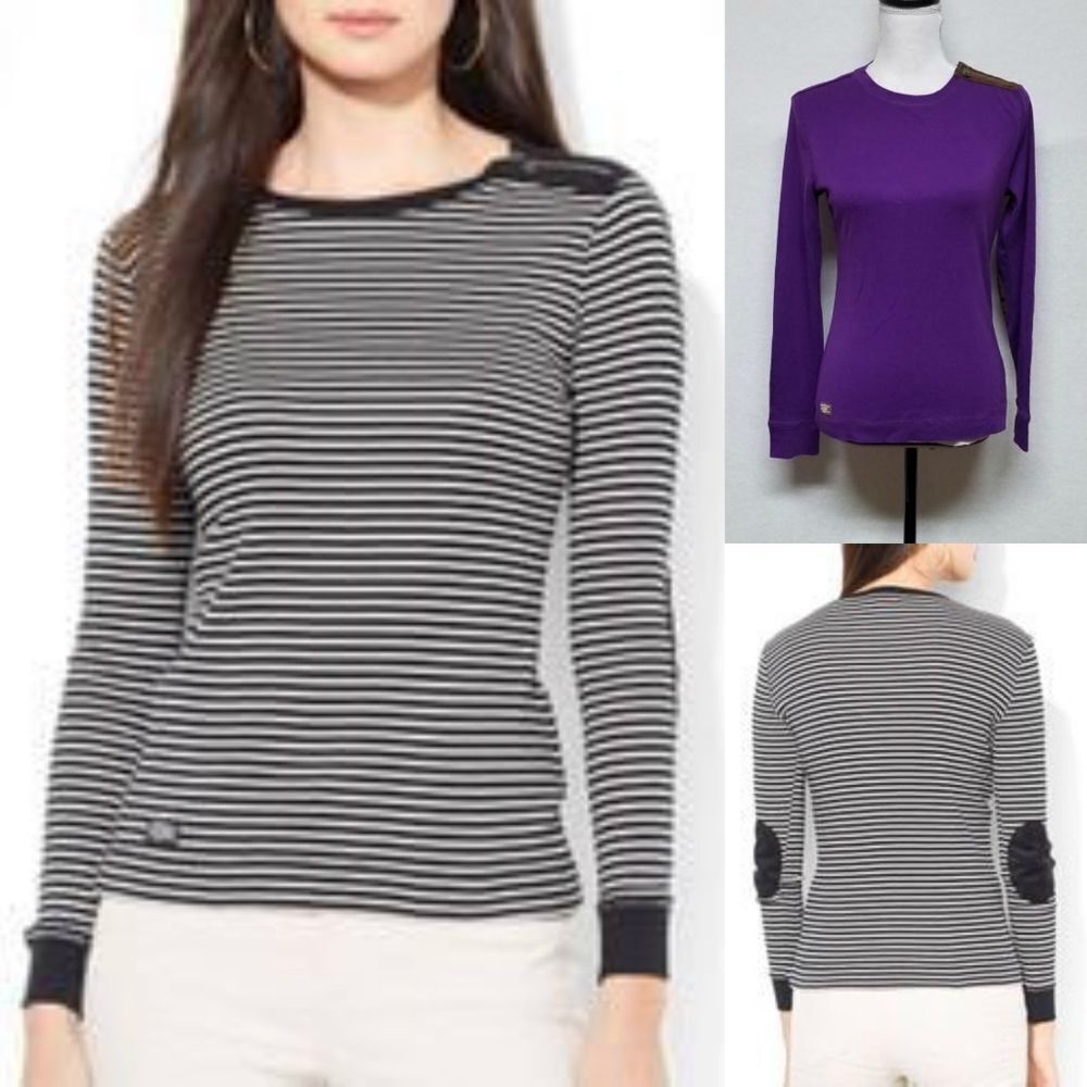RALPH Lauren Purple Brown Faux Suede Elbow Patch Shoulder Zip Long Sleeve Top